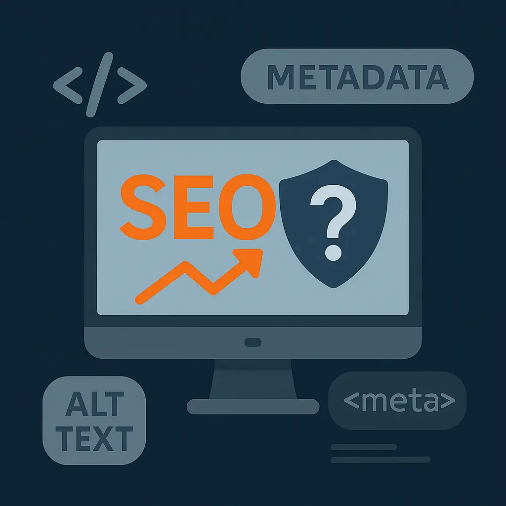 A SEO (keresőoptimalizálás) folyamatát bemutató digitális illusztráció, amely a meta címkéket, weboldal struktúrát és keresőoptimalizálás alapvető elemeit ábrázolja.