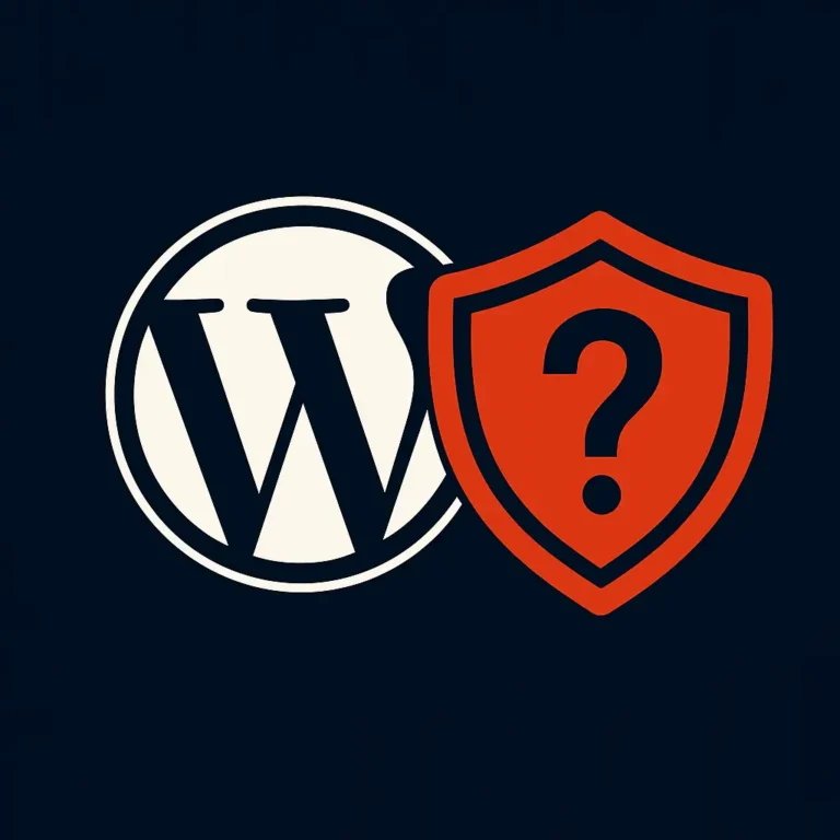 A WordPress logó, egy pajzs és egy kérdőjel, vizuálisan bemutatva a rendszer biztonsági kérdéseit.